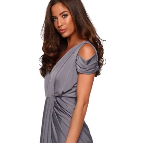Pia Gladys Perey Dionne Dress Stretch Grey Gathered High Slit Fitted Size Large - Picture 7 of 15